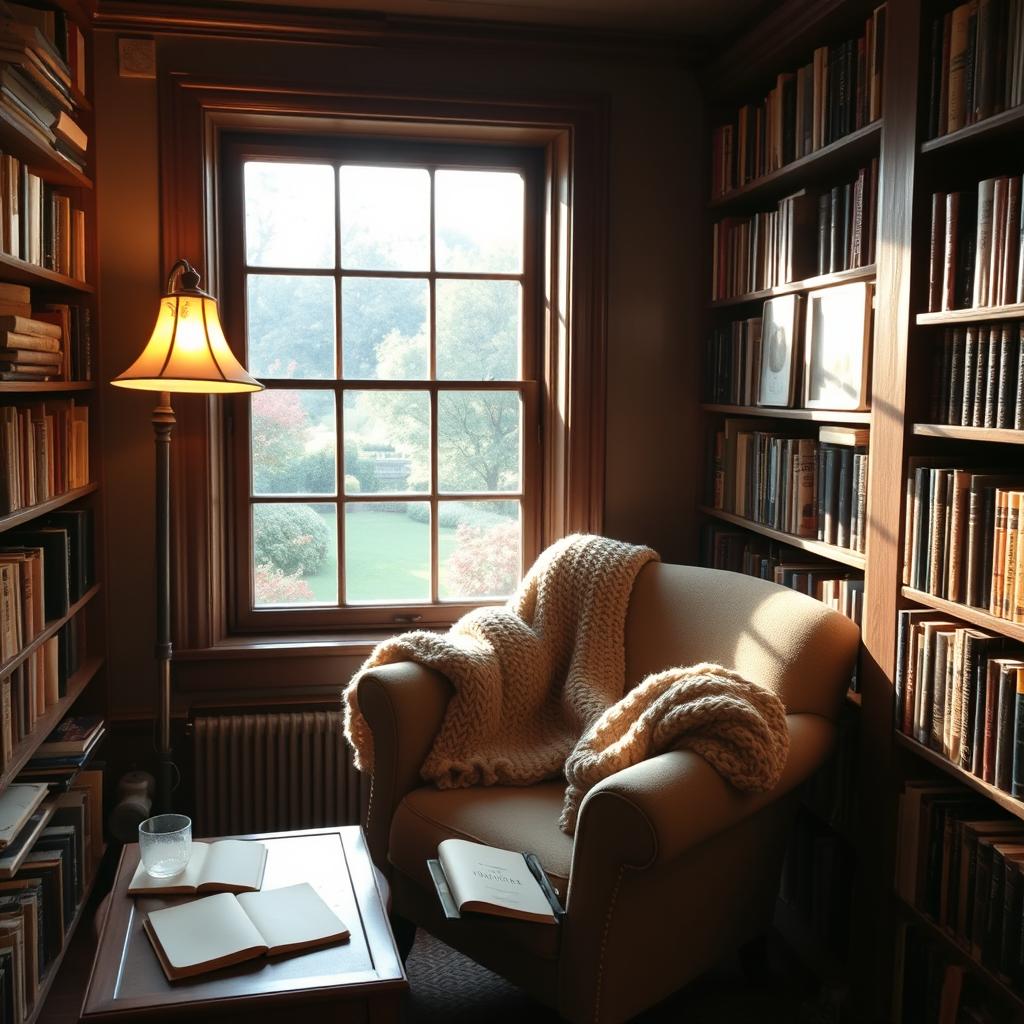 A quaint and cozy small library room filled with a variety of books on wooden shelves, featuring a comfortable armchair with a soft, knitted blanket draped over it