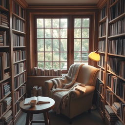 A quaint and cozy small library room filled with a variety of books on wooden shelves, featuring a comfortable armchair with a soft, knitted blanket draped over it