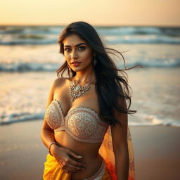 A captivating image of a sexy Indian woman on a beach, wearing a beautifully adorned bra and a graceful half saree