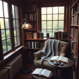 A quaint and cozy small library room filled with a variety of books on wooden shelves, featuring a comfortable armchair with a soft, knitted blanket draped over it