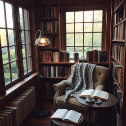 A quaint and cozy small library room filled with a variety of books on wooden shelves, featuring a comfortable armchair with a soft, knitted blanket draped over it