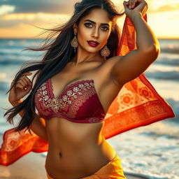 A captivating image of a sexy Indian woman on a beach, wearing a beautifully adorned bra and a graceful half saree