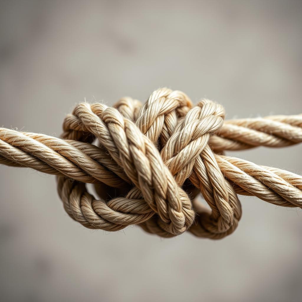 A close-up view of an intricate rope knot, showcasing the complexity and craftsmanship involved in tying it