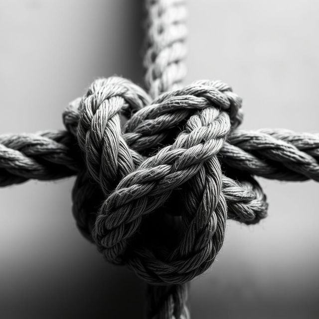 A close-up view of an intricate rope knot, showcasing the complexity and craftsmanship involved in tying it