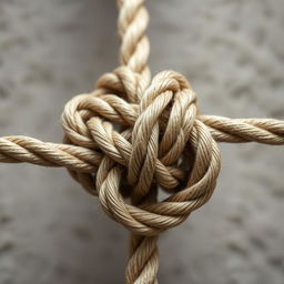 A close-up view of an intricate rope knot, showcasing the complexity and craftsmanship involved in tying it