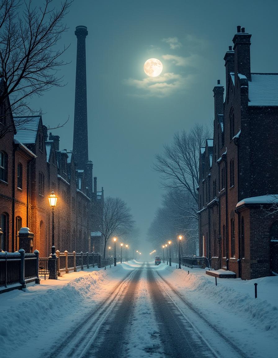 A Victorian street at Christmas during nighttime, covered in fresh snow