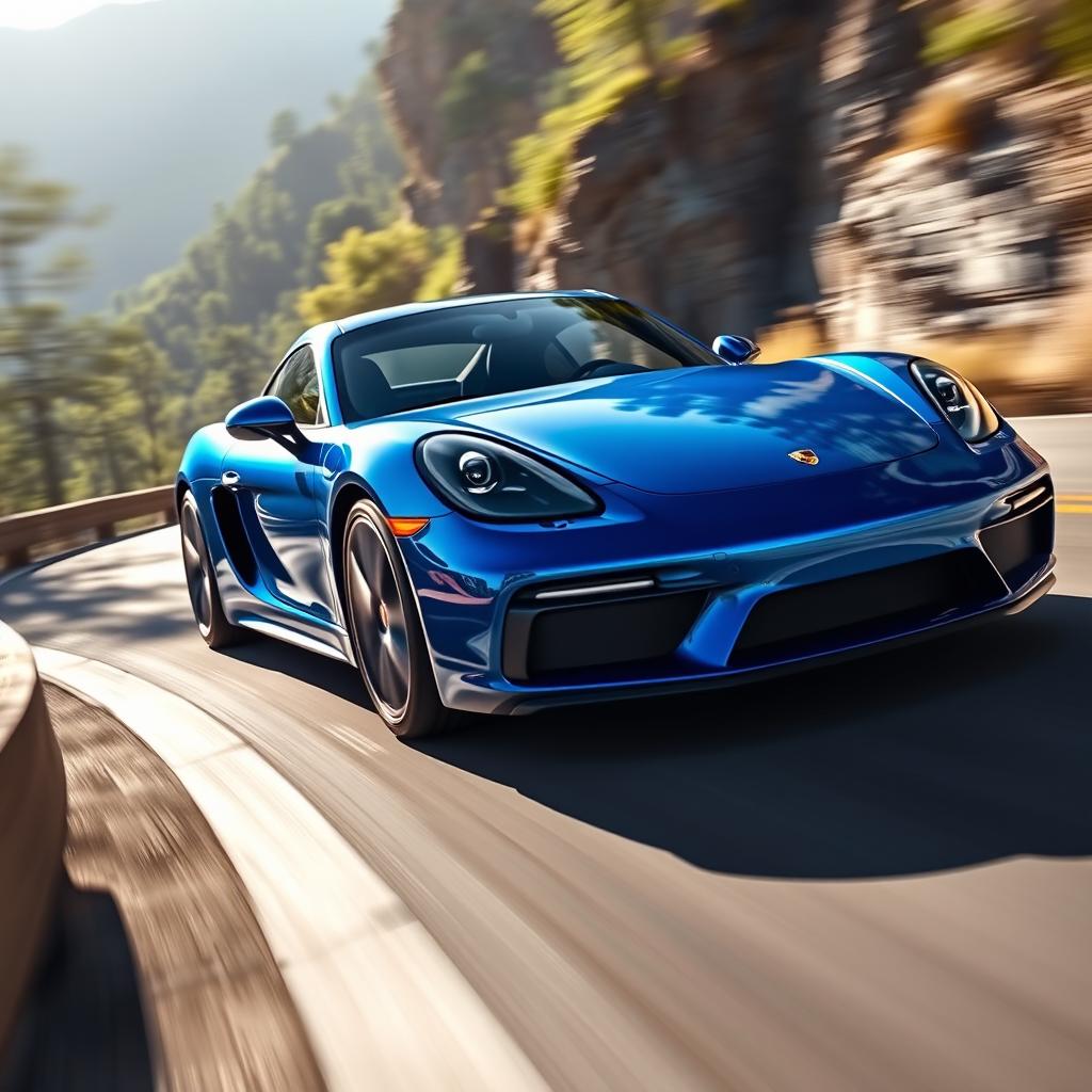 A stunning Porsche 718 Cayman GT4 photographed in motion on a winding mountain road, the vibrant metallic blue paint glistening under the bright afternoon sun, with the iconic sleek and aerodynamic contours of the car vividly displayed