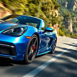 A stunning Porsche 718 Cayman GT4 photographed in motion on a winding mountain road, the vibrant metallic blue paint glistening under the bright afternoon sun, with the iconic sleek and aerodynamic contours of the car vividly displayed