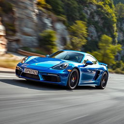 A stunning Porsche 718 Cayman GT4 photographed in motion on a winding mountain road, the vibrant metallic blue paint glistening under the bright afternoon sun, with the iconic sleek and aerodynamic contours of the car vividly displayed