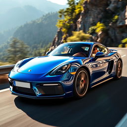 A stunning Porsche 718 Cayman GT4 photographed in motion on a winding mountain road, the vibrant metallic blue paint glistening under the bright afternoon sun, with the iconic sleek and aerodynamic contours of the car vividly displayed