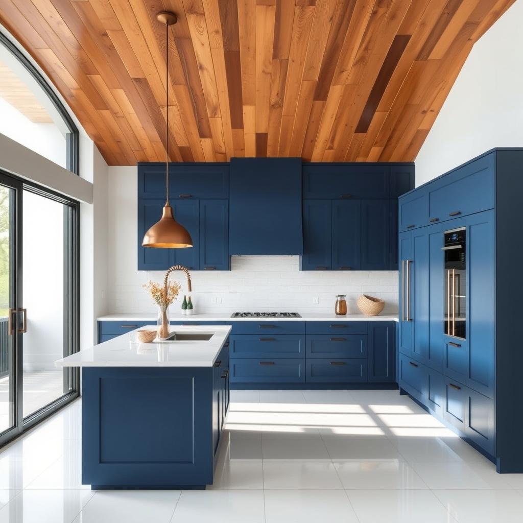 Stylish kitchen featuring a wooden ceiling that adds warmth and character, combined with pristine white porcelain flooring for a clean and modern look