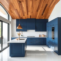 Stylish kitchen featuring a wooden ceiling that adds warmth and character, combined with pristine white porcelain flooring for a clean and modern look