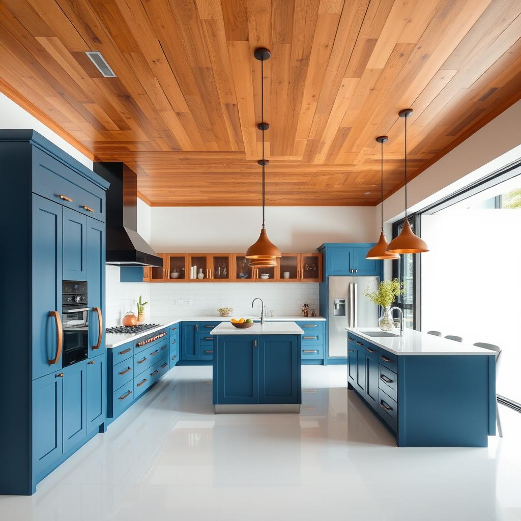 Stylish kitchen featuring a wooden ceiling that adds warmth and character, combined with pristine white porcelain flooring for a clean and modern look