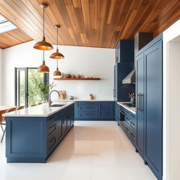 Stylish kitchen featuring a wooden ceiling that adds warmth and character, combined with pristine white porcelain flooring for a clean and modern look