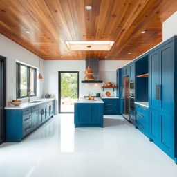 Stylish kitchen featuring a wooden ceiling that adds warmth and character, combined with pristine white porcelain flooring for a clean and modern look