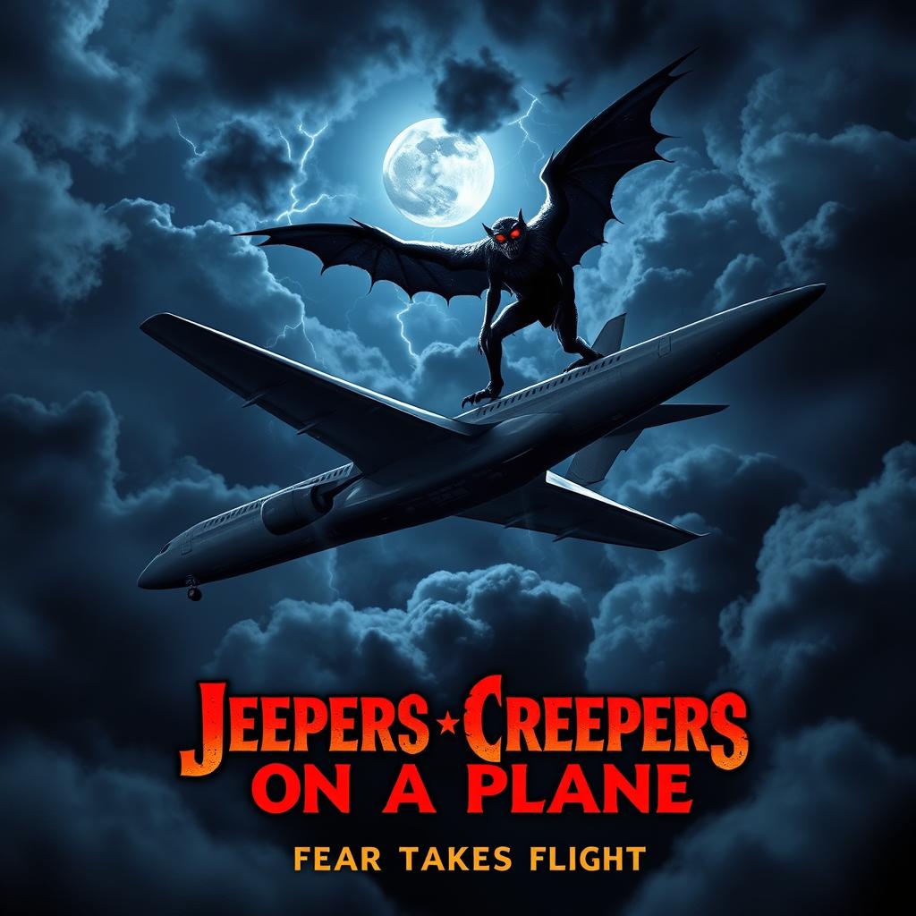 Movie poster for "Jeepers Creepers On A Plane" featuring a high-altitude plane flying through a stormy night sky