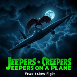 Movie poster for "Jeepers Creepers On A Plane" featuring a high-altitude plane flying through a stormy night sky