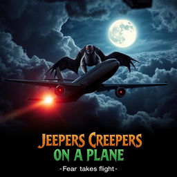 Movie poster for "Jeepers Creepers On A Plane" featuring a high-altitude plane flying through a stormy night sky