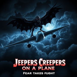 Movie poster for "Jeepers Creepers On A Plane" featuring a high-altitude plane flying through a stormy night sky