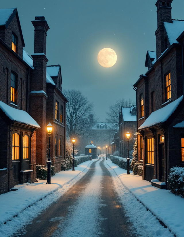 A Victorian street at Christmas during nighttime, covered in fresh snow