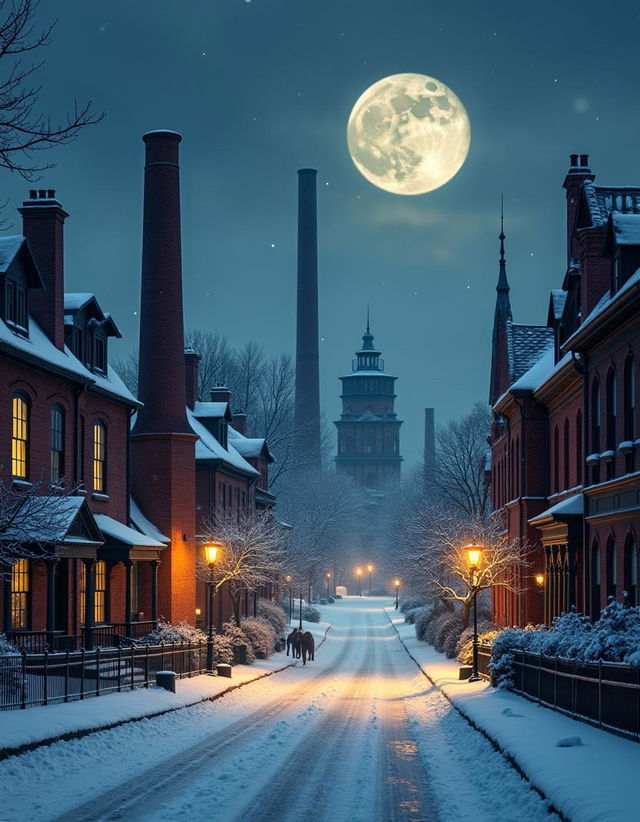 A Victorian street at Christmas during nighttime, situated on a hill with the street sloping downwards