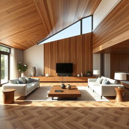 Elegant living room featuring a warm wooden ceiling complemented by porcelain flooring that mimics the rich texture of real wood