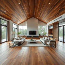 Elegant living room featuring a warm wooden ceiling complemented by porcelain flooring that mimics the rich texture of real wood