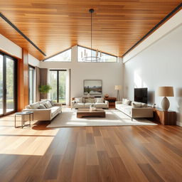 Elegant living room featuring a warm wooden ceiling complemented by porcelain flooring that mimics the rich texture of real wood