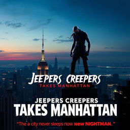 Movie poster for "Jeepers Creepers Takes Manhattan" showcasing the iconic New York City skyline at dusk, with skyscrapers like the Empire State Building and the Statue of Liberty in view