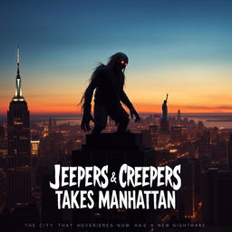 Movie poster for "Jeepers Creepers Takes Manhattan" showcasing the iconic New York City skyline at dusk, with skyscrapers like the Empire State Building and the Statue of Liberty in view