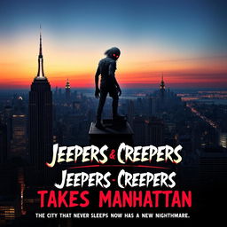 Movie poster for "Jeepers Creepers Takes Manhattan" showcasing the iconic New York City skyline at dusk, with skyscrapers like the Empire State Building and the Statue of Liberty in view