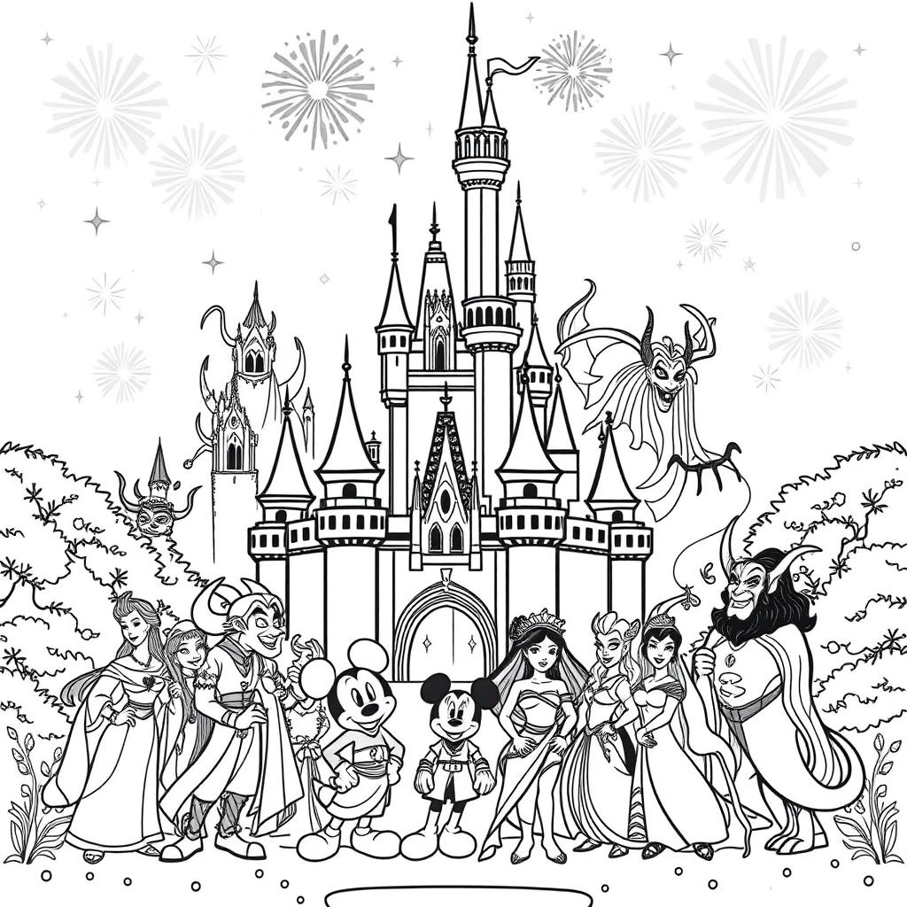A Disney-themed coloring page featuring an iconic castle at the center