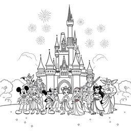 A Disney-themed coloring page featuring an iconic castle at the center