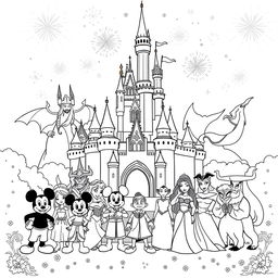 A Disney-themed coloring page featuring an iconic castle at the center