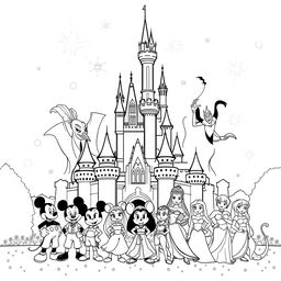 A Disney-themed coloring page featuring an iconic castle at the center