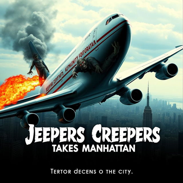 Movie poster for "Jeepers Creepers Takes Manhattan" depicting a dramatic scene where the Creeper is commandeering a Boeing 747 passenger airplane as it makes a descent towards Manhattan