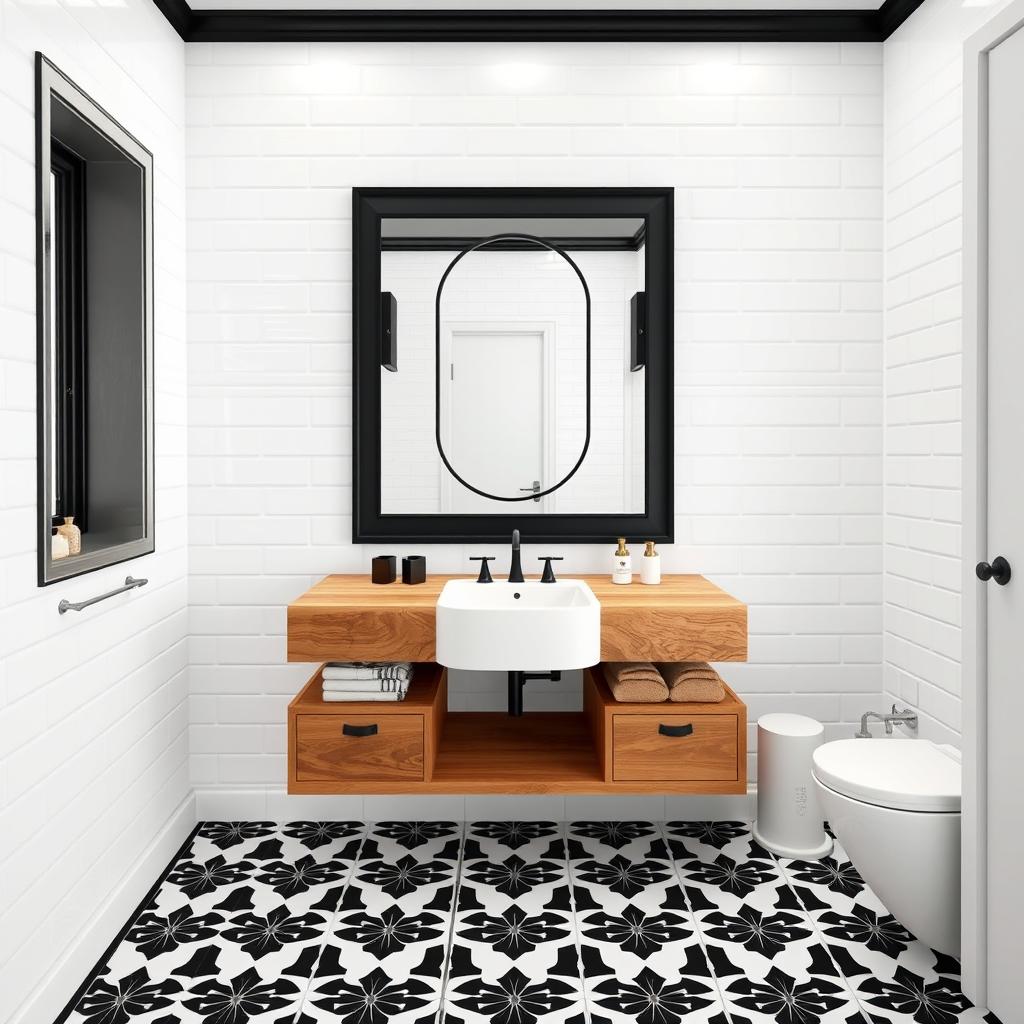 Sleek bathroom design featuring a wooden countertop that exudes natural charm, paired with pristine white fixtures for a clean, modern look