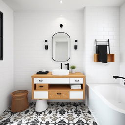 Sleek bathroom design featuring a wooden countertop that exudes natural charm, paired with pristine white fixtures for a clean, modern look