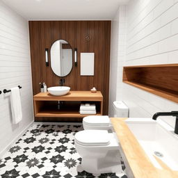 Sleek bathroom design featuring a wooden countertop that exudes natural charm, paired with pristine white fixtures for a clean, modern look