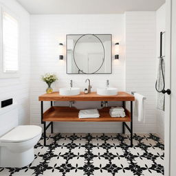 Sleek bathroom design featuring a wooden countertop that exudes natural charm, paired with pristine white fixtures for a clean, modern look