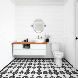 Sleek bathroom design featuring a wooden countertop that exudes natural charm, paired with pristine white fixtures for a clean, modern look