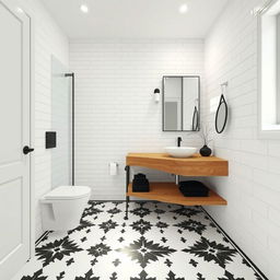 Sleek bathroom design featuring a wooden countertop that exudes natural charm, paired with pristine white fixtures for a clean, modern look