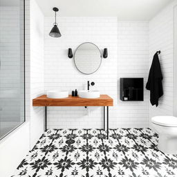 Sleek bathroom design featuring a wooden countertop that exudes natural charm, paired with pristine white fixtures for a clean, modern look