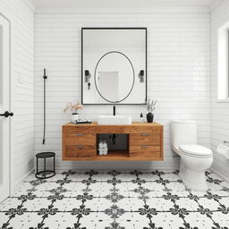 Sleek bathroom design featuring a wooden countertop that exudes natural charm, paired with pristine white fixtures for a clean, modern look