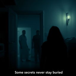 A dramatic and suspenseful scene featuring the silhouettes of an expatriate Malayalee couple in the foreground, filled with anxiety and tension as if they've made a shocking discovery inside their apartment