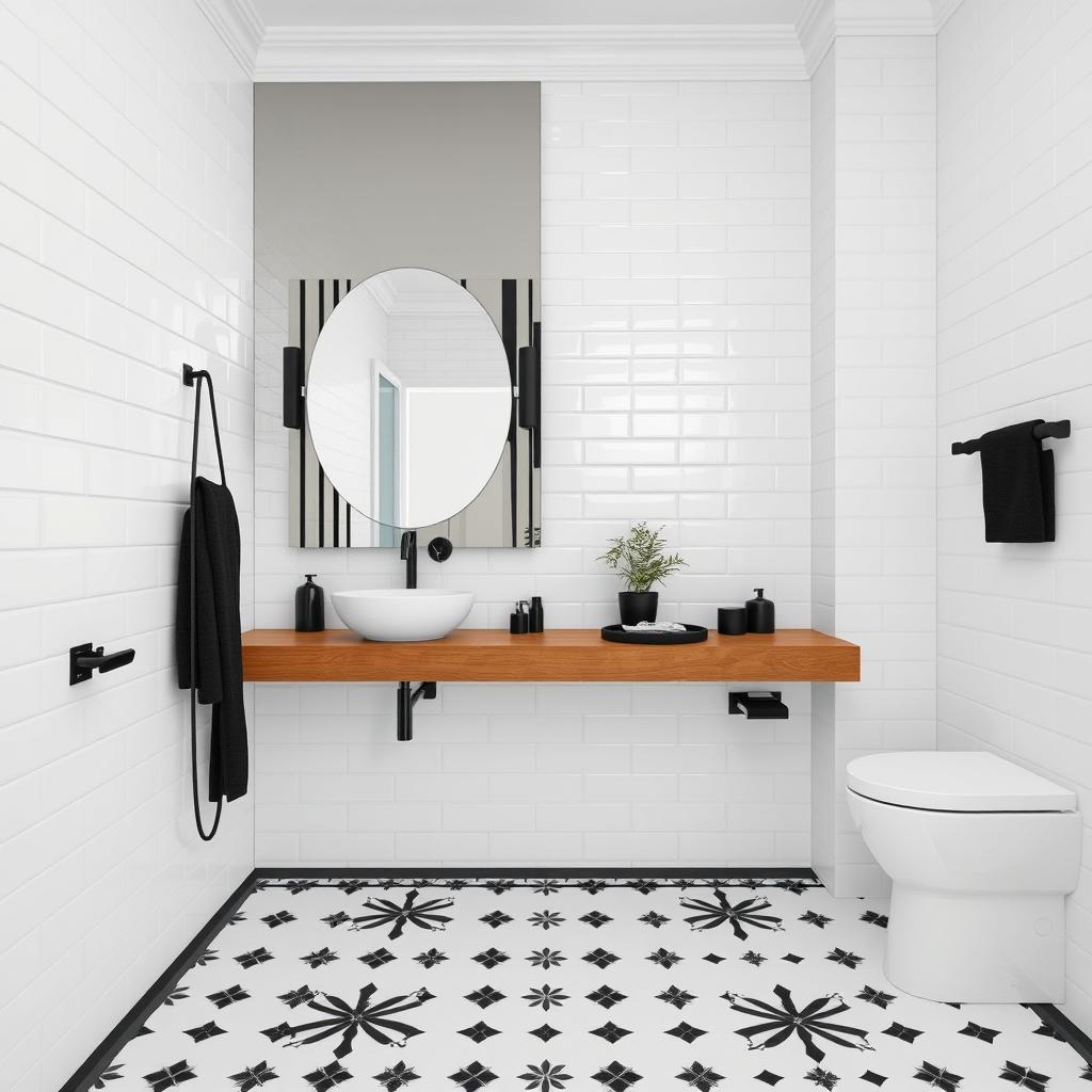 Elegant bathroom design featuring a wooden countertop for a warm and natural touch, paired with sleek white fixtures to provide a modern, clean aesthetic