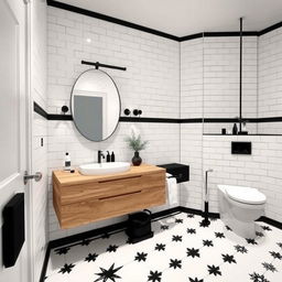 Elegant bathroom design featuring a wooden countertop for a warm and natural touch, paired with sleek white fixtures to provide a modern, clean aesthetic