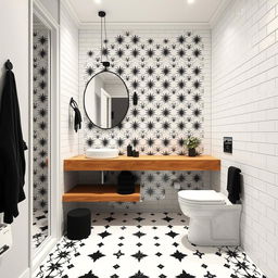 Elegant bathroom design featuring a wooden countertop for a warm and natural touch, paired with sleek white fixtures to provide a modern, clean aesthetic