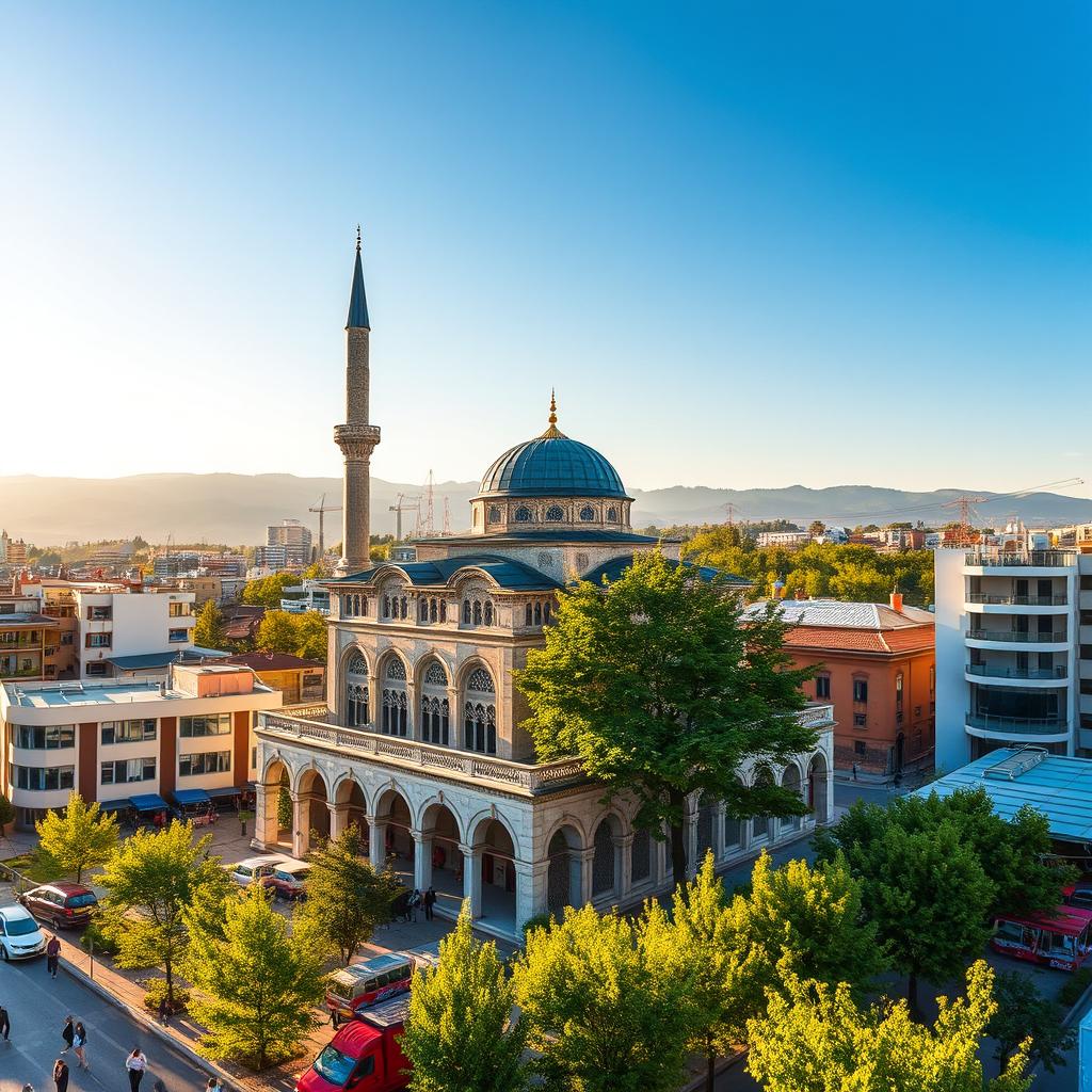 A vibrant cityscape of Pristina, the capital city of Kosovo, showcasing the stunning architecture of a traditional mosque