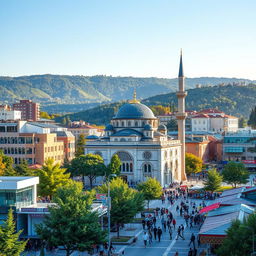 A vibrant cityscape of Pristina, the capital city of Kosovo, showcasing the stunning architecture of a traditional mosque